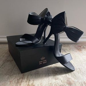 Nina Clova LS High Heels Black Satin Bow Ankle Strap Stilletto SZ 8 Wedding NYE